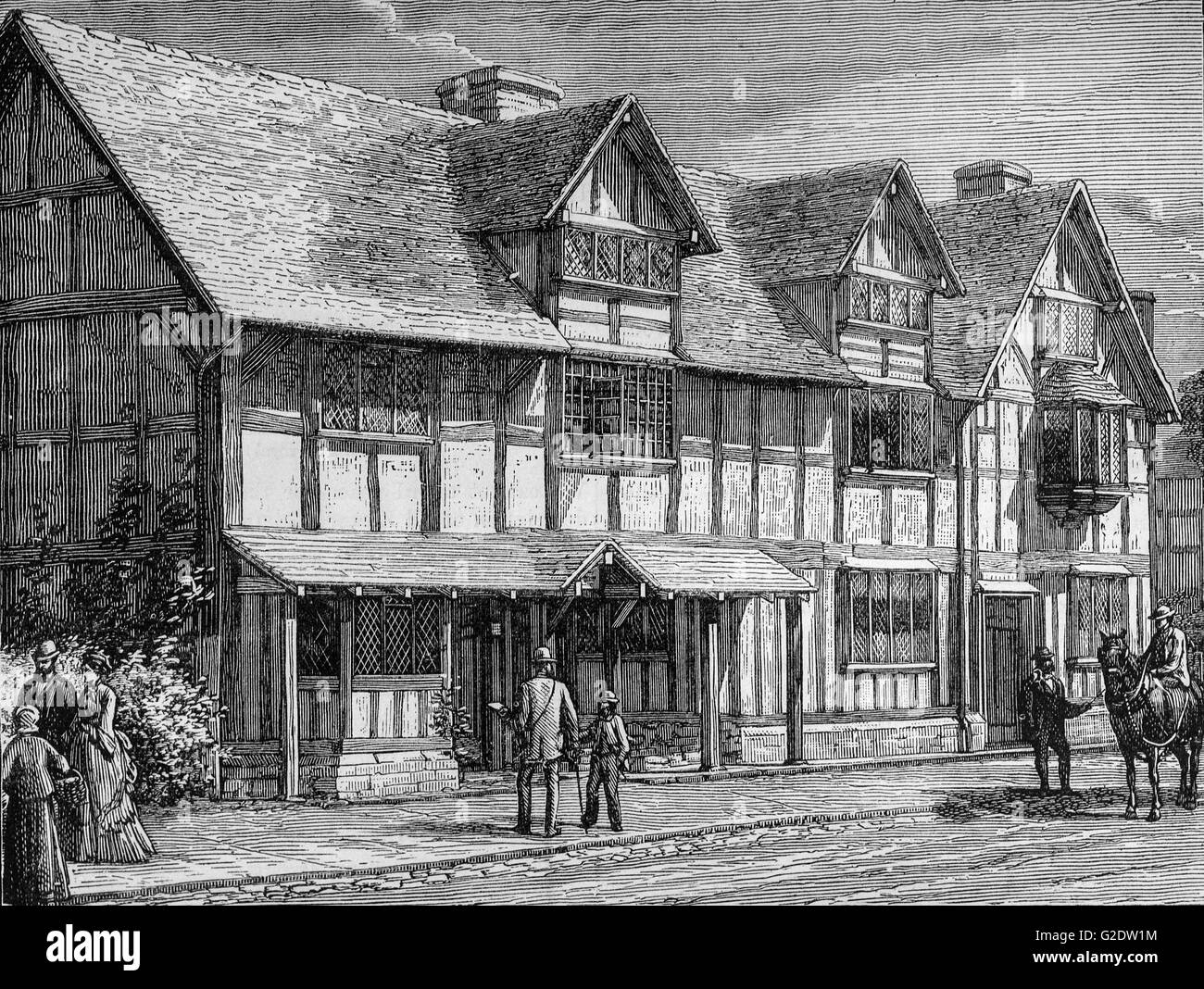 19. Jahrhundert-Ansicht von Shakespeares Geburtshaus, einem restaurierten aus dem 16. Jahrhundert Fachwerkhaus befindet sich in Henley Street, Stratford-upon-Avon, Warwickshire, England, wo es geglaubt wird, dass Shakespeare 1564 geboren wurde und seine Kindheit verbrachte. Stockfoto