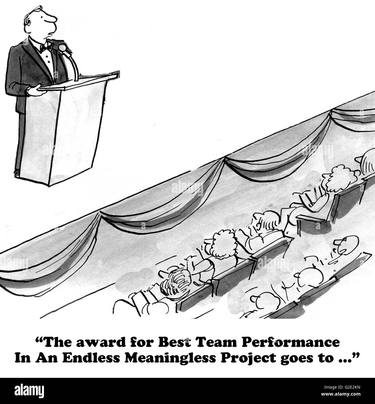 Geschäftliche Karikatur über das Team für die endlosen, sinnlosen Projekt einen Preis verleihen. Stockfoto