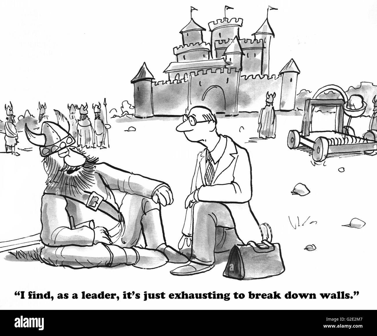 Geschäftliche Karikatur über einen Führer, der ständig zu müde Wände brechen ist. Stockfoto
