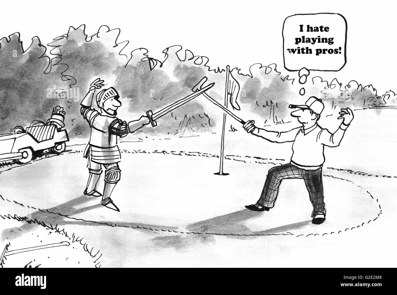 Sport-Karikatur über Amateur Golf mit einem Profi zu spielen. Stockfoto