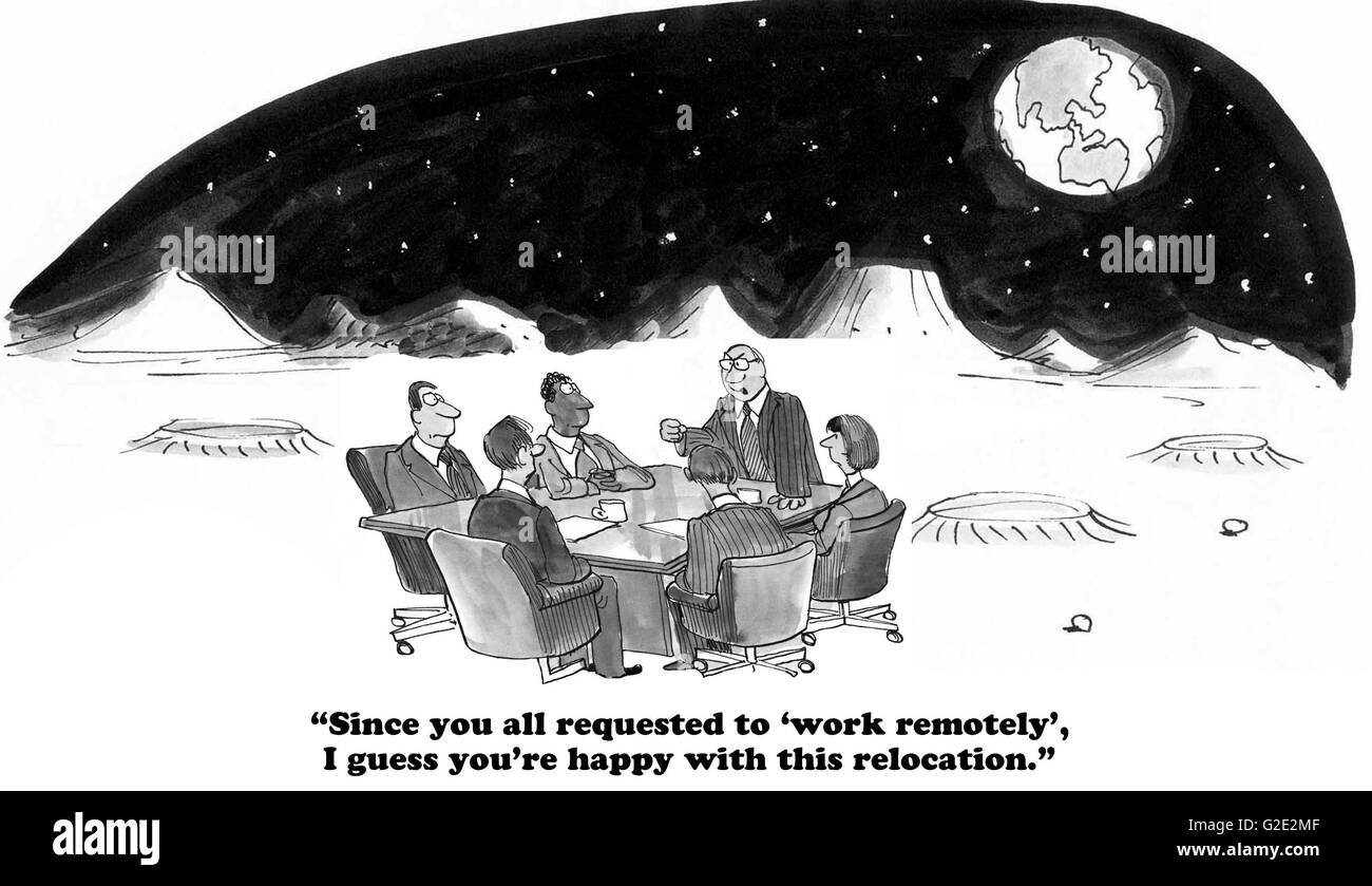 Geschäftliche Cartoons über Mitarbeiter, die aus der Ferne arbeiten wollen. Stockfoto