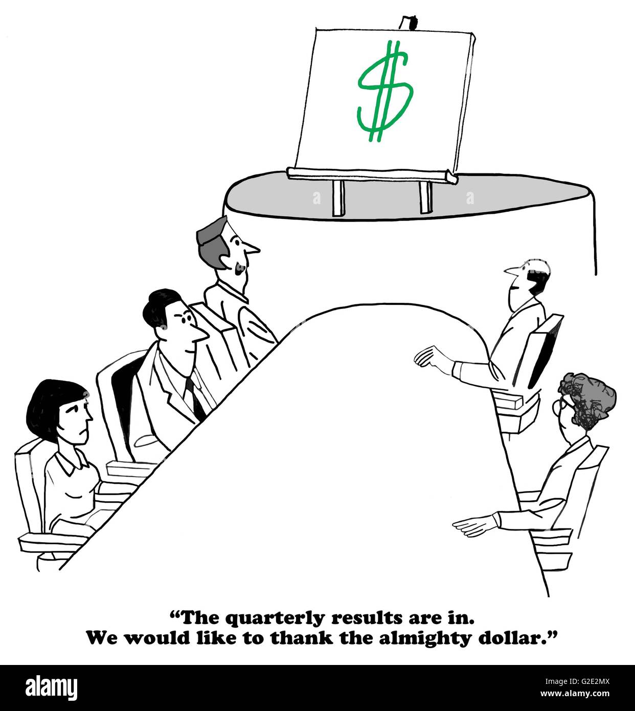 Geschäftliche Cartoon über verehren den Allmächtigen Dollar. Stockfoto