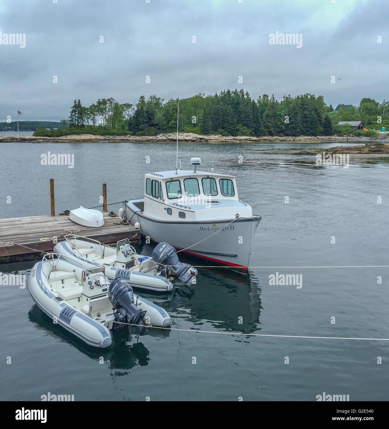 Gruppierung der Boote bei einem Dock in Maine Stockfoto