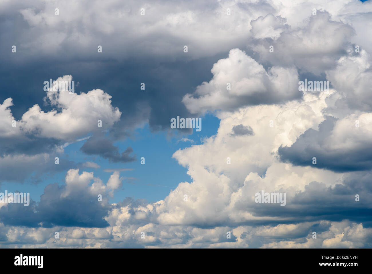 Weiße Cumulus-Wolken und graue Wolken am blauen Himmel Stockfoto