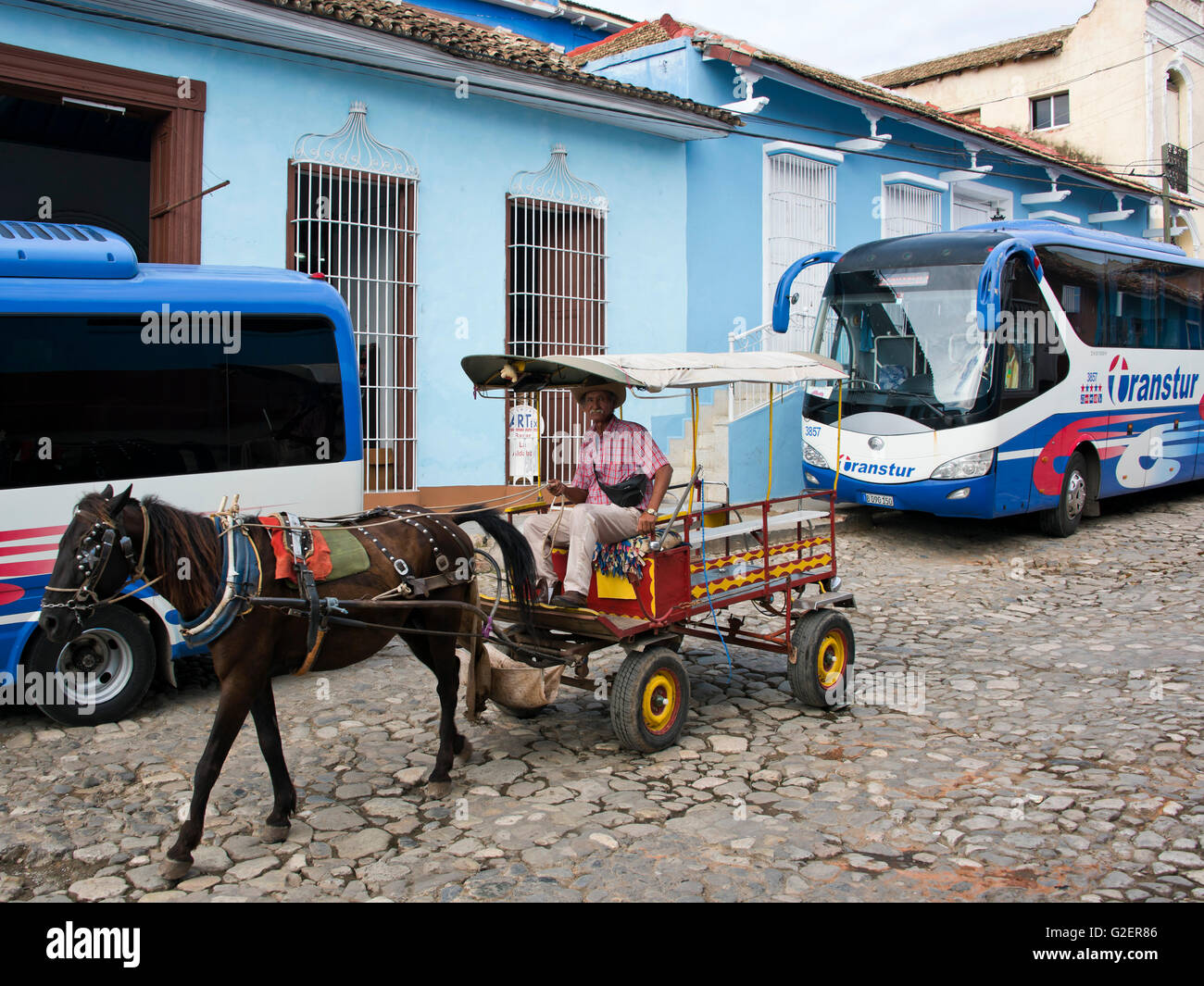 Horizontale street View von einem Pony und Trap Taxi in Trinidad, Kuba. Stockfoto