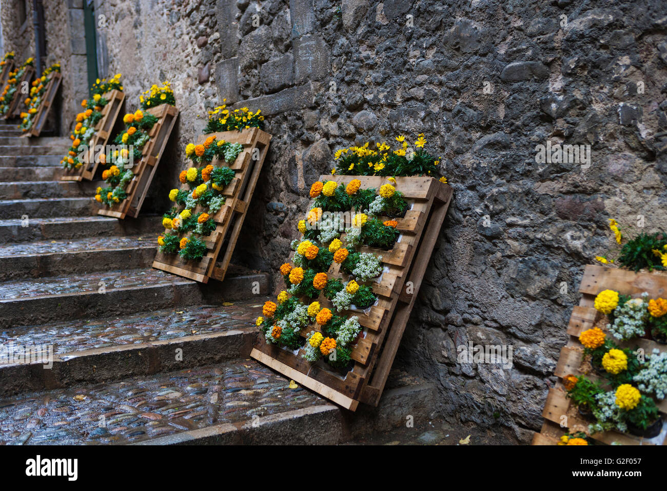BLUMENKUNST AUSSTELLUNG IN GIRONA. KATALONIEN. Spanien. Stockfoto