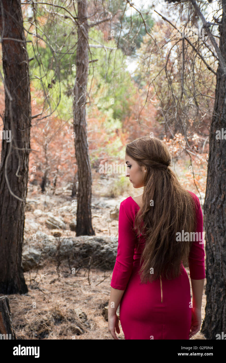 Junge Frau im roten Kleid stehen im Wald Stockfoto