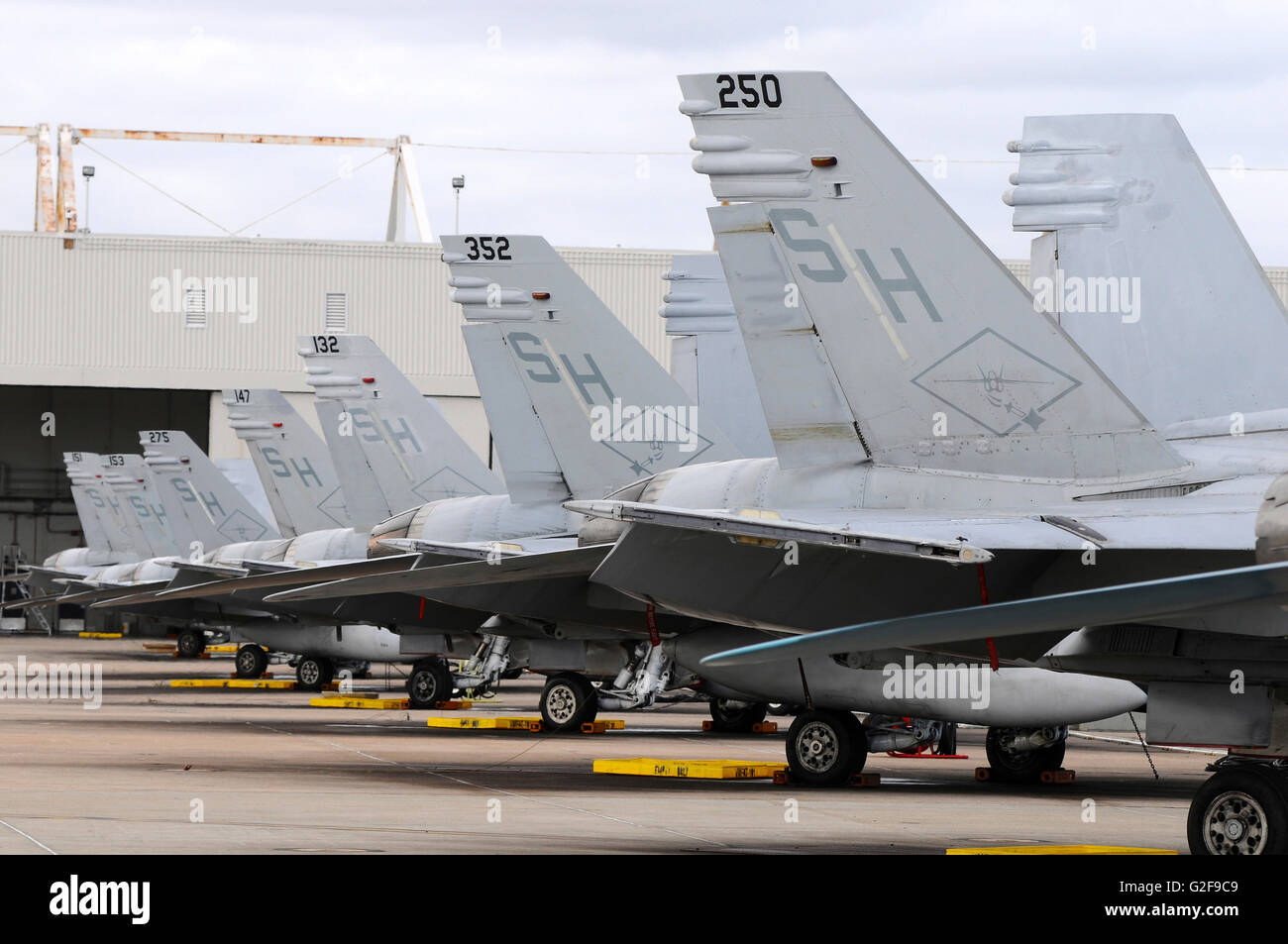 Zeile des US Marine Corps F/A-18 Hornet Schweif flossen aus VMFAT-101, auf der Rampe im Marine Corps Air Station Miramar, San Diego, Cal Stockfoto