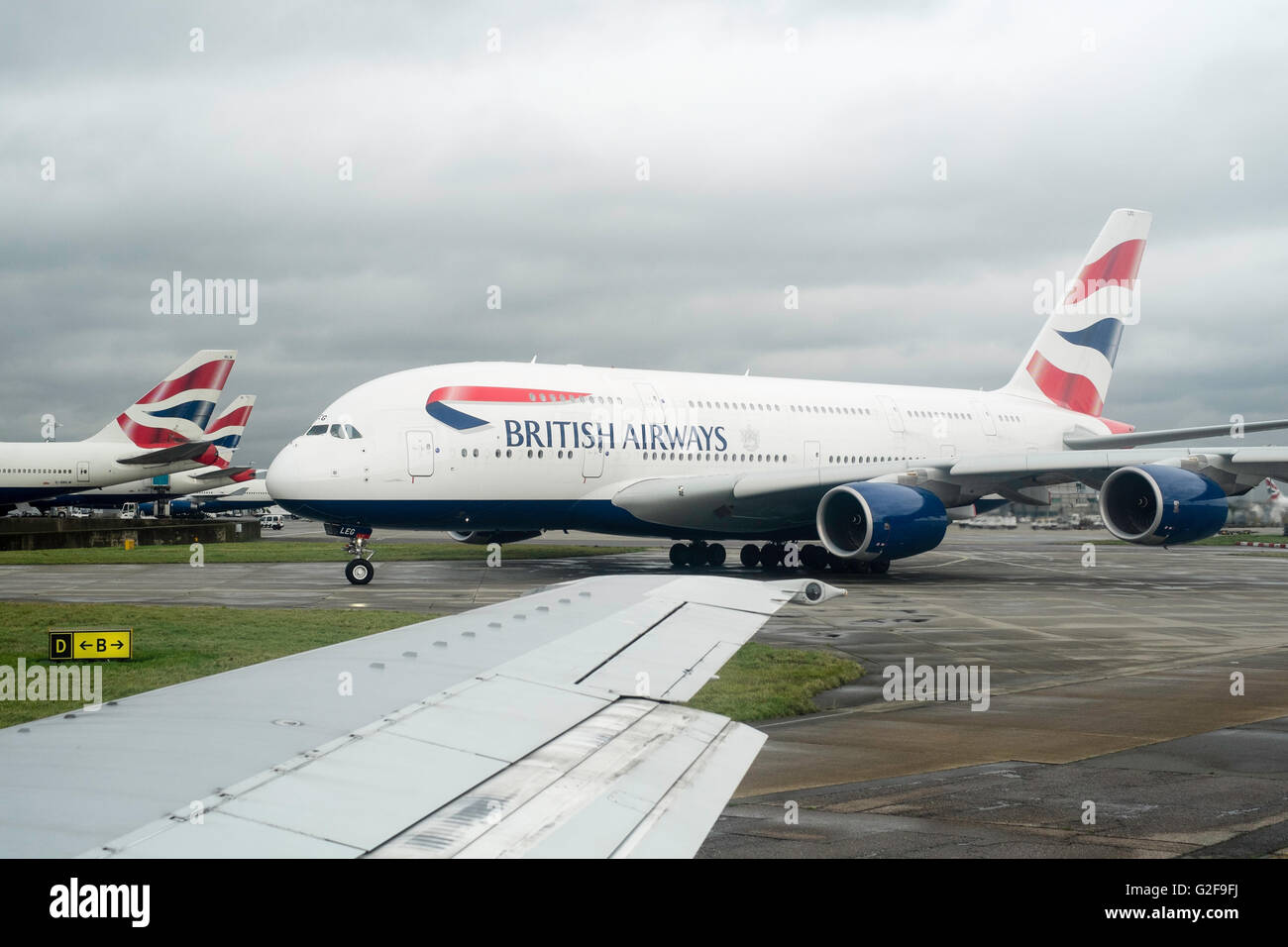 London UK Heathrow Airbus A380 Besteuerung Start-und Landebahn Stockfoto