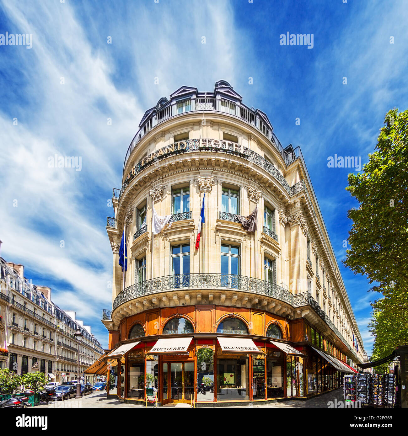 Le Grand Hotel in Paris. Französische Architektur. Tourismus-Denkmal. Stockfoto
