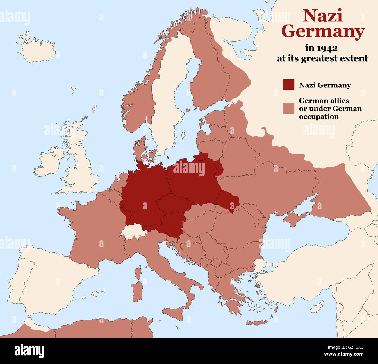 Nazi-Deutschland - Dritte Reich an seine größte Ausdehnung im Jahre 1942. Karte von Europa im zweiten Weltkrieg mit heutigen Staatsgrenzen. Stockfoto