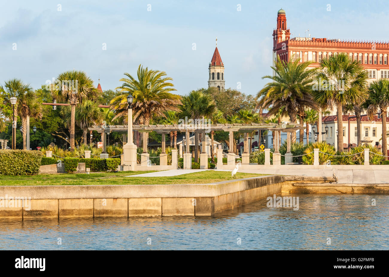 Bayfront Ansicht der Innenstadt St. Augustine, Florida mit großen weißen und blauen Reiher Sonnen auf der Ufermauer. (USA) Stockfoto