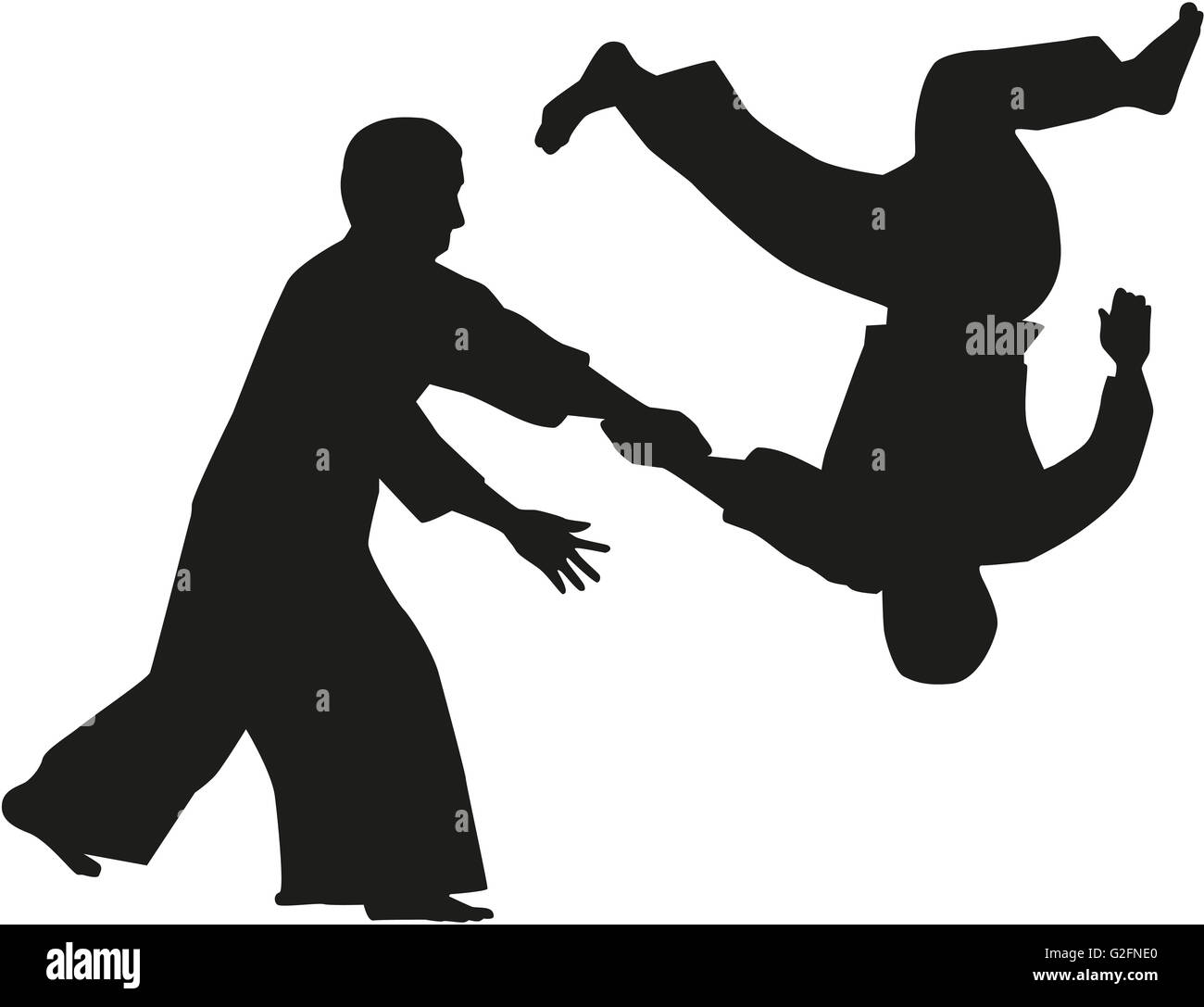 Silhouette der beiden Aikido Kämpfer Stockfoto