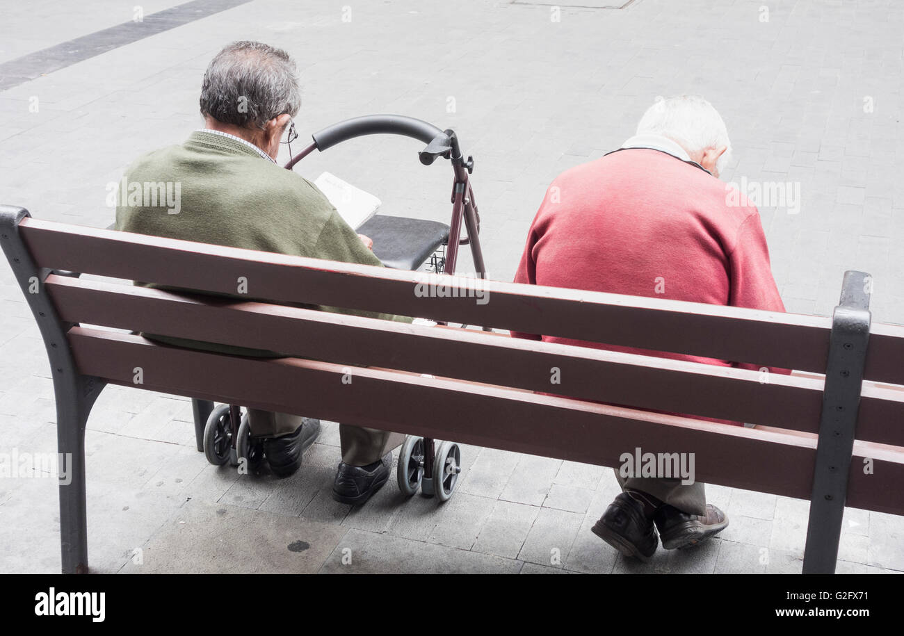Zwei ältere Männer auf Sitz im Park; sowohl die Konzentration auf das Wort Suduko puzzles Bücher. Stockfoto