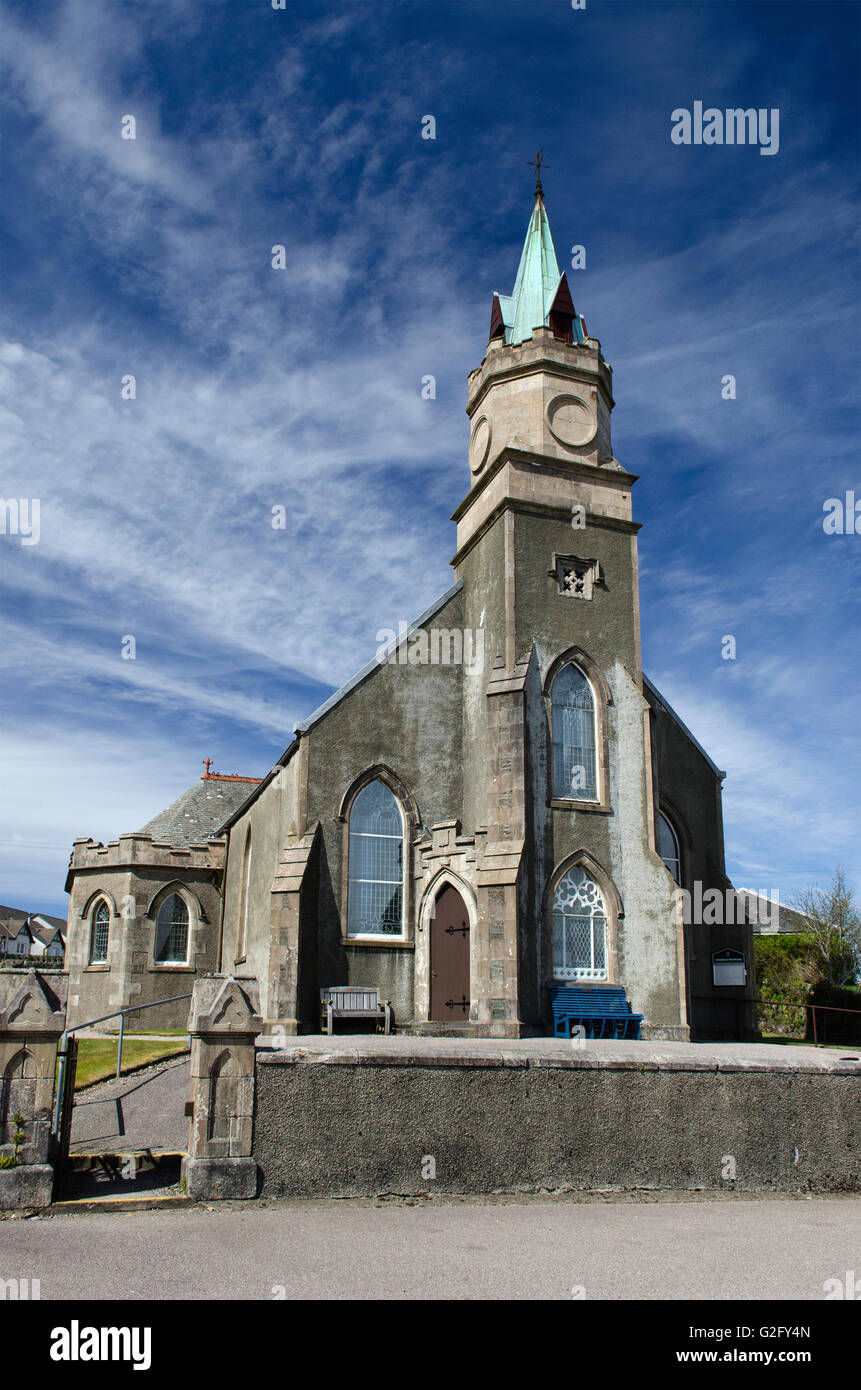 Ardrishaig Pfarrkirche, 1860, gotischen Turm fronted, Kirchenschiff, achteckigen Turm Zinnen und Spire 1868, Kirche von Schottland Stockfoto