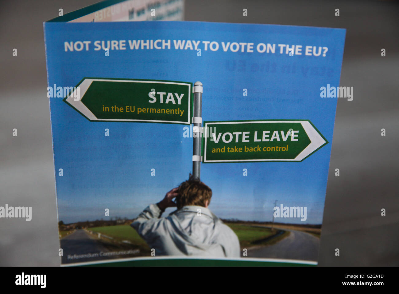 Stimmen Sie Urlaub Kampagne Broschüre für nächsten Monat EU-Referendum. Stockfoto