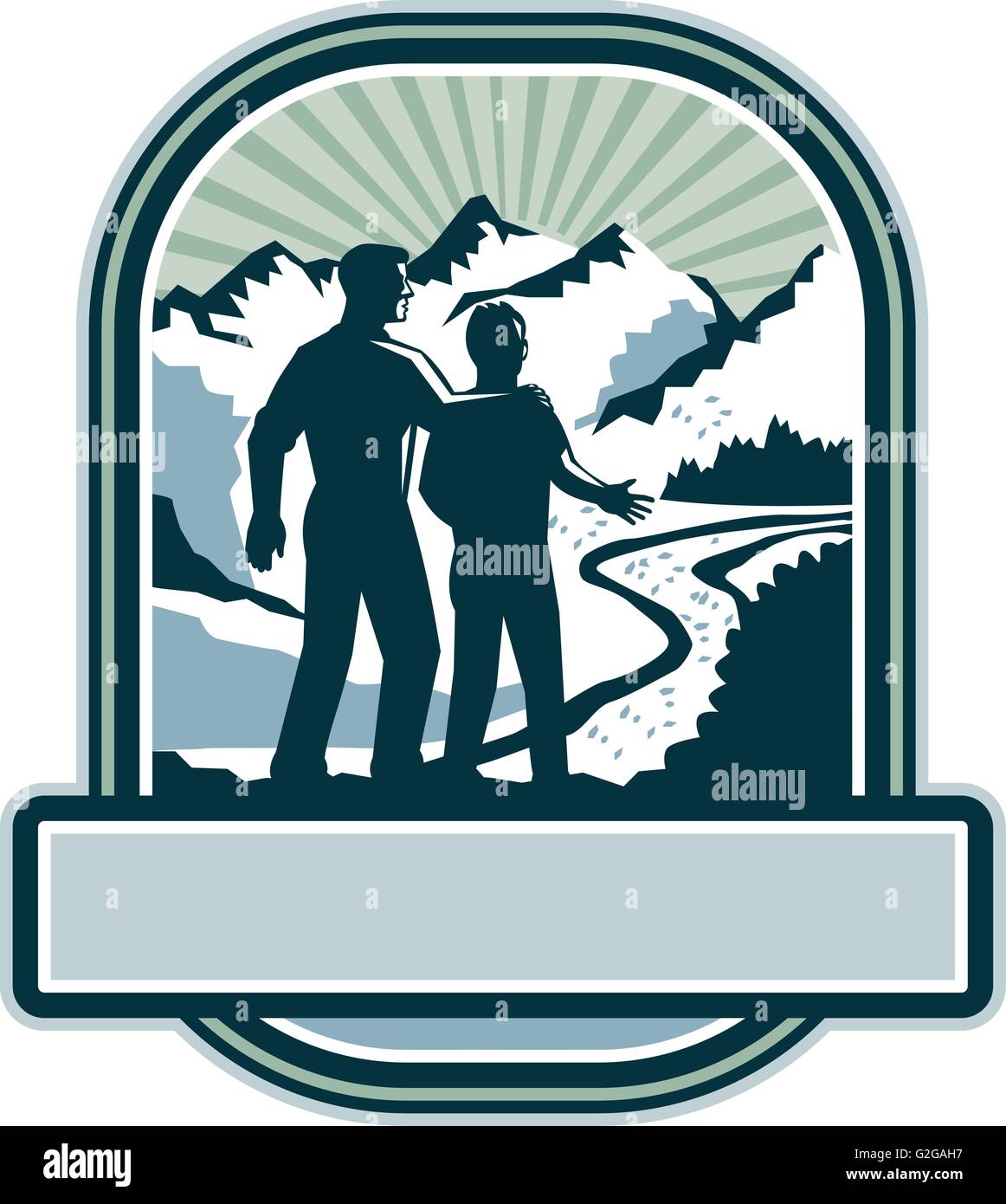 Illustration von Vater und Sohn kurz vor dem start einer Reise, die gemeinsam von der Rückseite mit Bergen und Sunburst im Hintergrund im Inneren Schild Wappen mit Fahne in den Boden getan im retro-Stil angezeigt. Stock Vektor