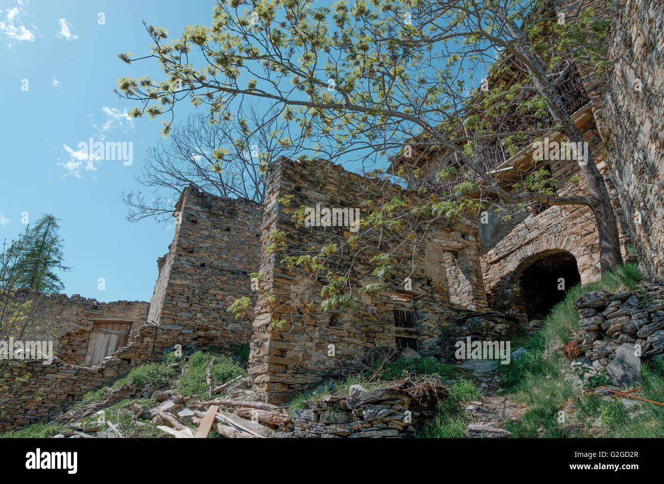 Verlassene Bergdorf Borgata Campofei in der Nähe der Castelmagno produzieren, Piemont, Italien Stockfoto