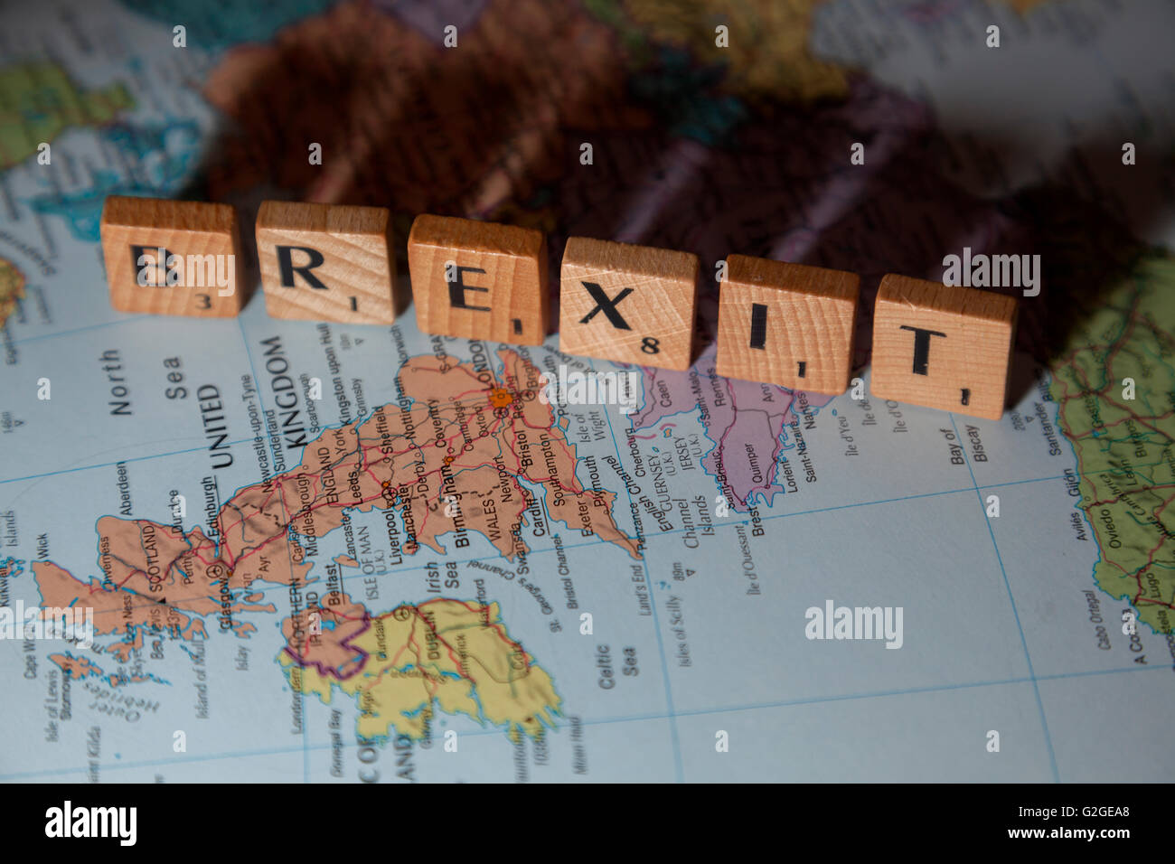 Austritt auf einer Karte von Europa ausgeschrieben Stockfoto