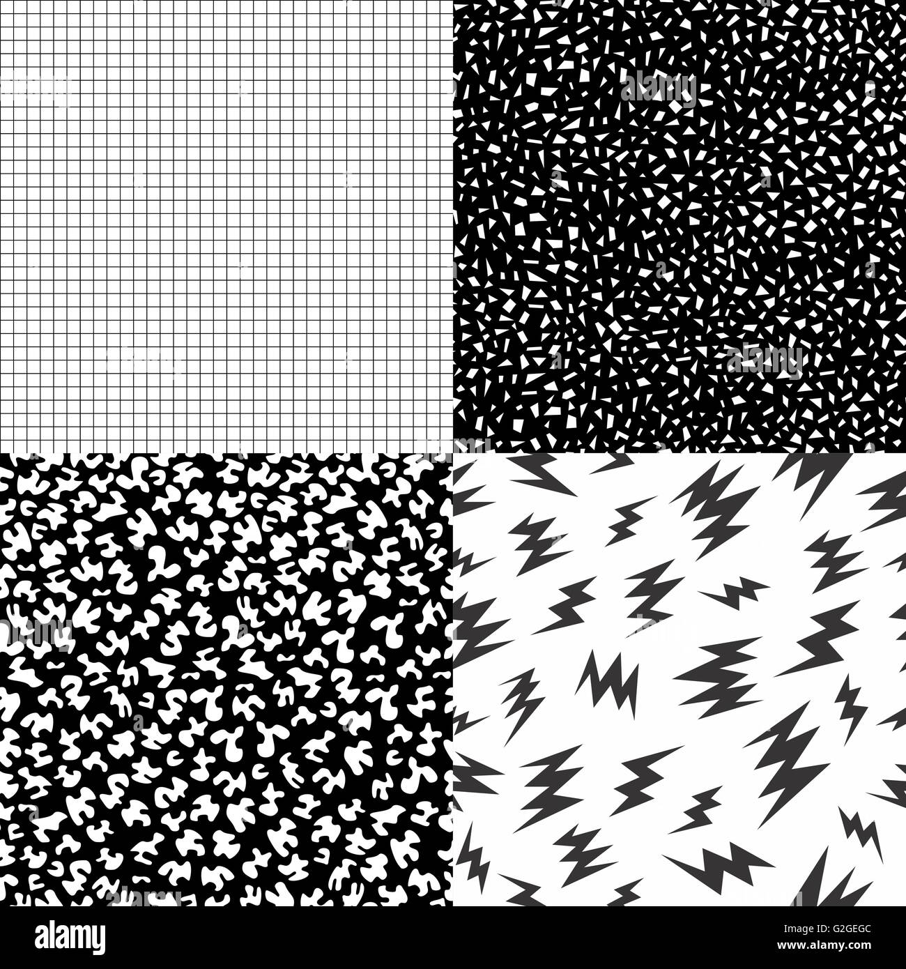 Satz von Retro-Vintage 80er Jahre nahtlose Muster in schwarz und weiß mit Memphis Mode Stil geometrischen Formen, Gitter, Riegel. Ideal für Stock Vektor