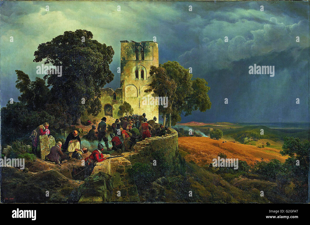 Carl Friedrich Lessing - die Belagerung (Verteidigung der Kirchhof während des Dreißigjährigen Krieges) - Museum Kunstpalast, Düsseldorf Stockfoto