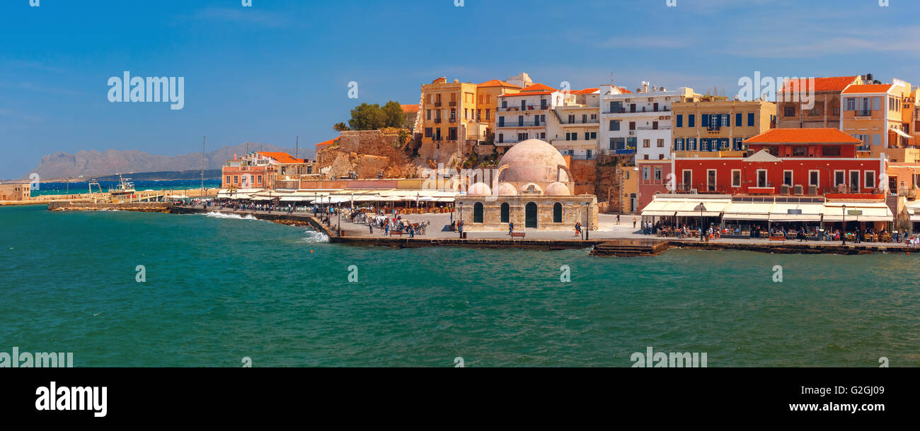 Panorama der alten Hafen, Chania, Kreta, Griechenland Stockfoto