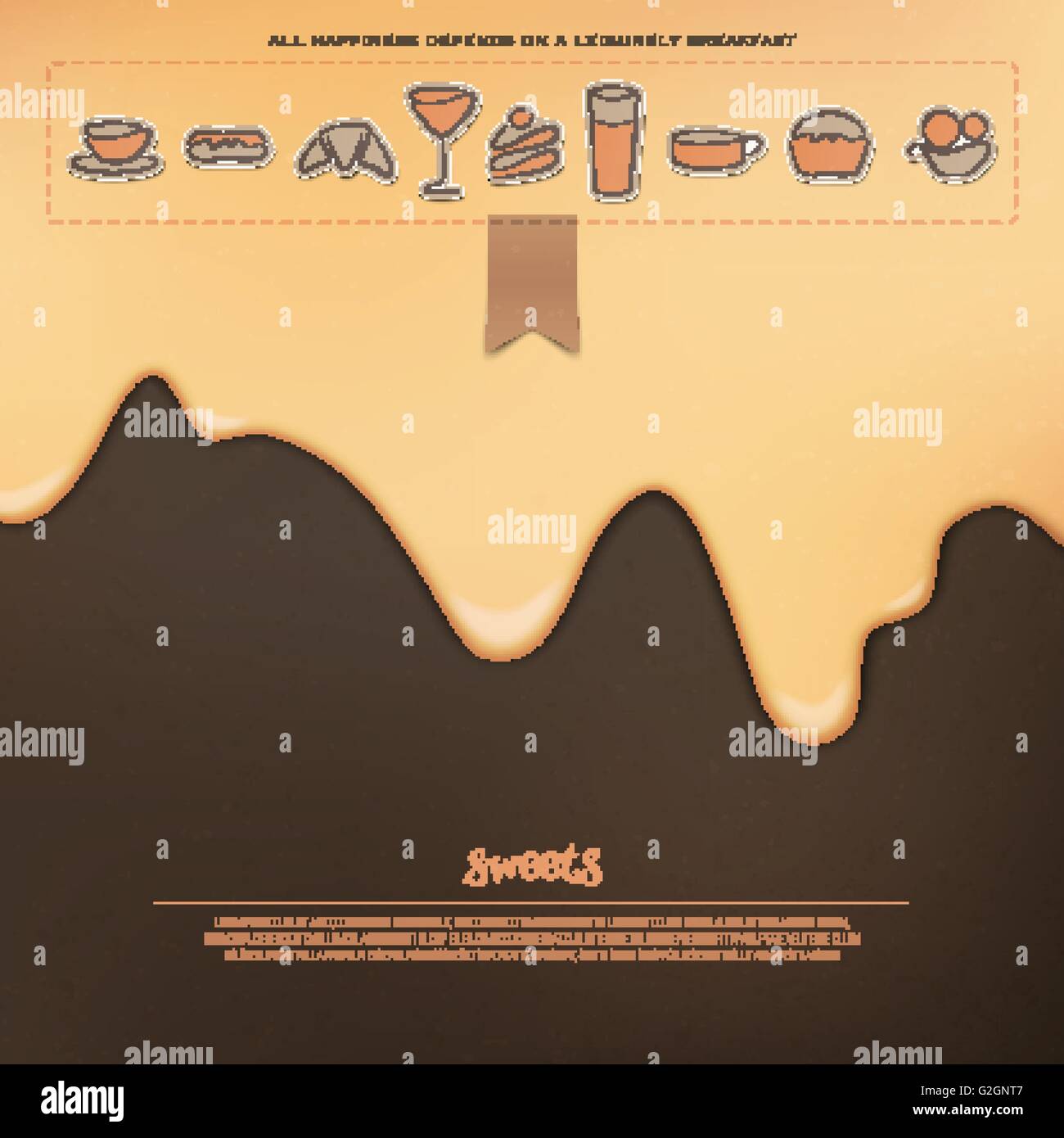 Satz von handgezeichneten Stil Frühstück Aufkleber über fließenden Karamell Hintergrund. Vektor-Morgen-essen und trinken Etiketten-Design. Café ein Stock Vektor