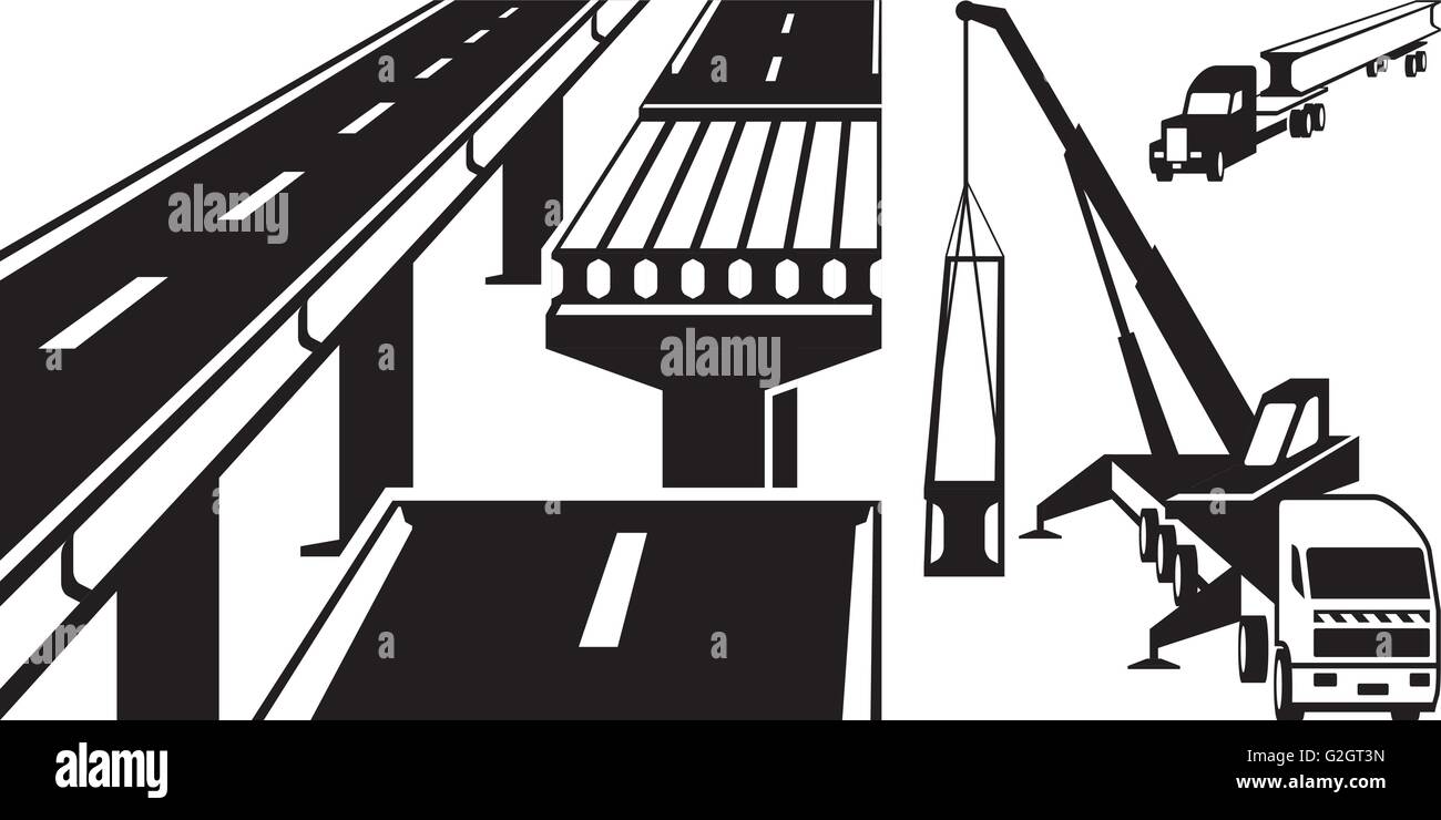 Kran Montage Betonbalken Brücke - Vektor-illustration Stock Vektor