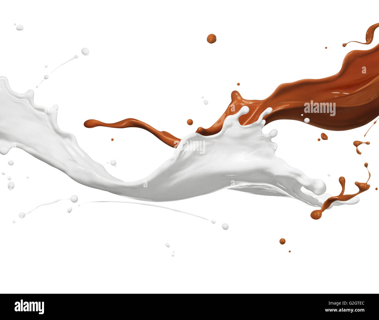 Schokolade und Milch spritzt gegen den weißen Hintergrund Stockfoto