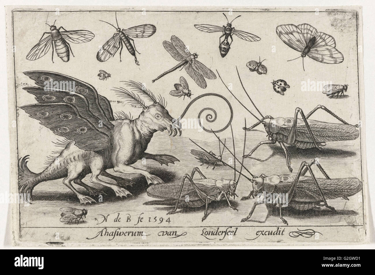 Heuschrecken und fantasy-Wesen mit Flügeln und Schwimmhäuten, Nicolaes de Bruyn, 1594 Stockfoto