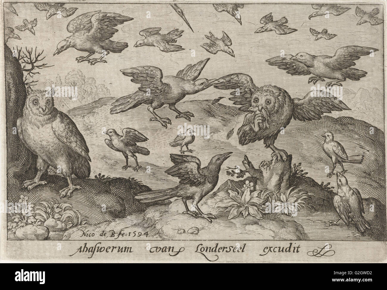 Eule mit Beute von anderen Vogel, Nicolaes de Bruyn, 1594 angegriffen Stockfoto