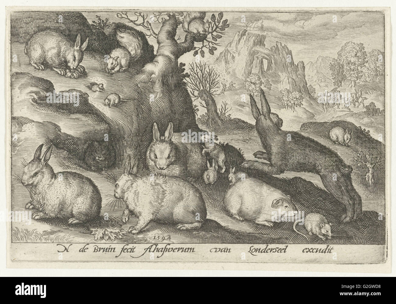 Maus, Nicolaes de Bruyn, 1594, Meerschweinchen, Kaninchen und Eichhörnchen Stockfoto