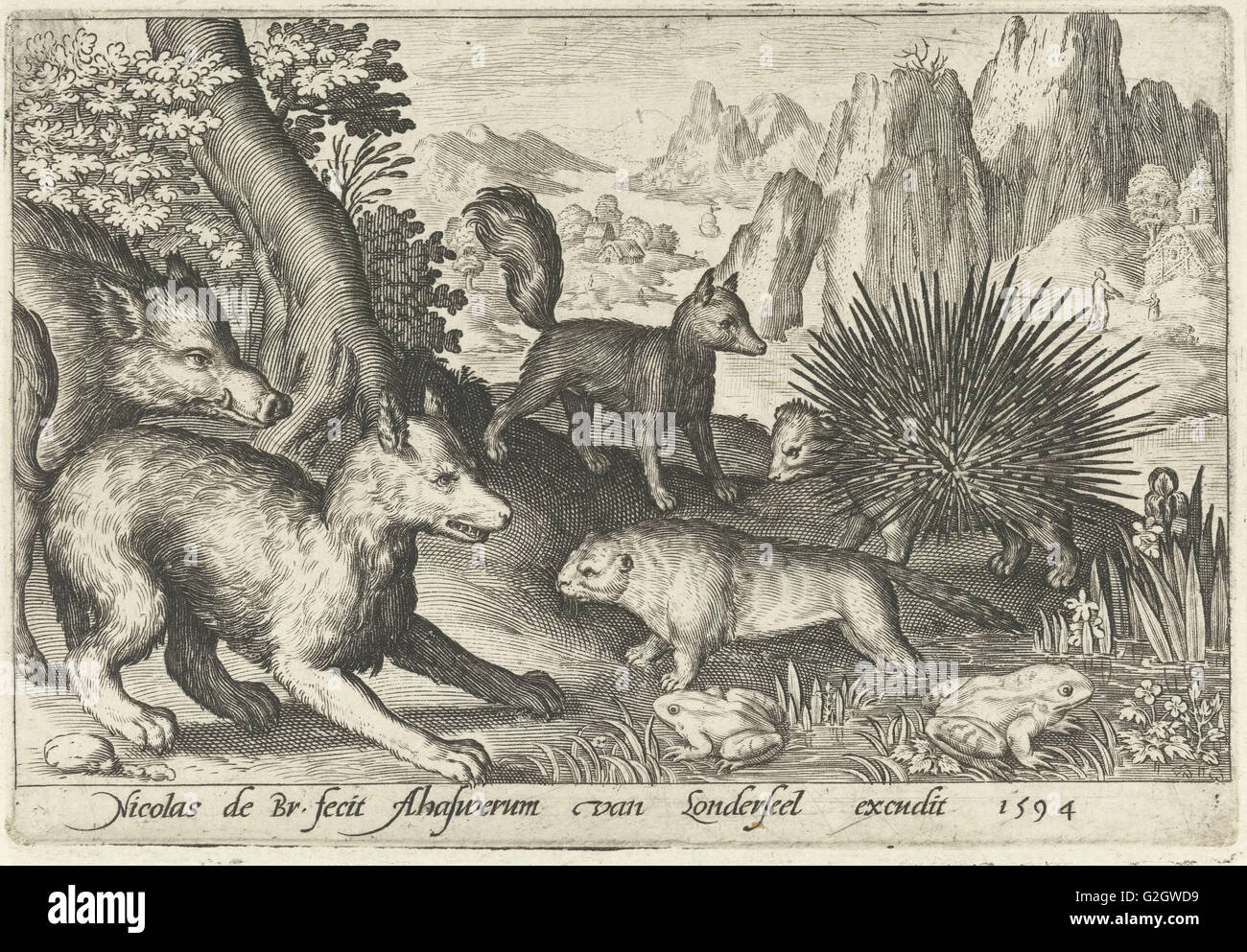Wildschwein, Fuchs, Biber, Stachelschweine in Frösche, Nicolaes de Bruyn, 1594 Stockfoto