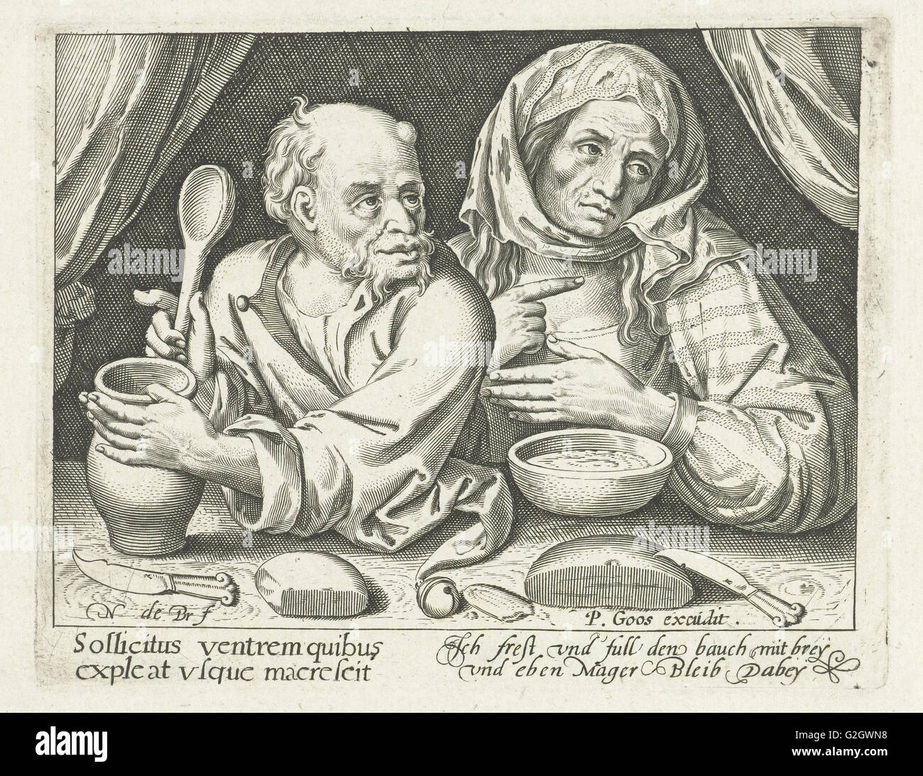 Mann und Frau essen Brei, Nicolaes de Bruyn, Pieter Goos, 1581-1656 Stockfoto
