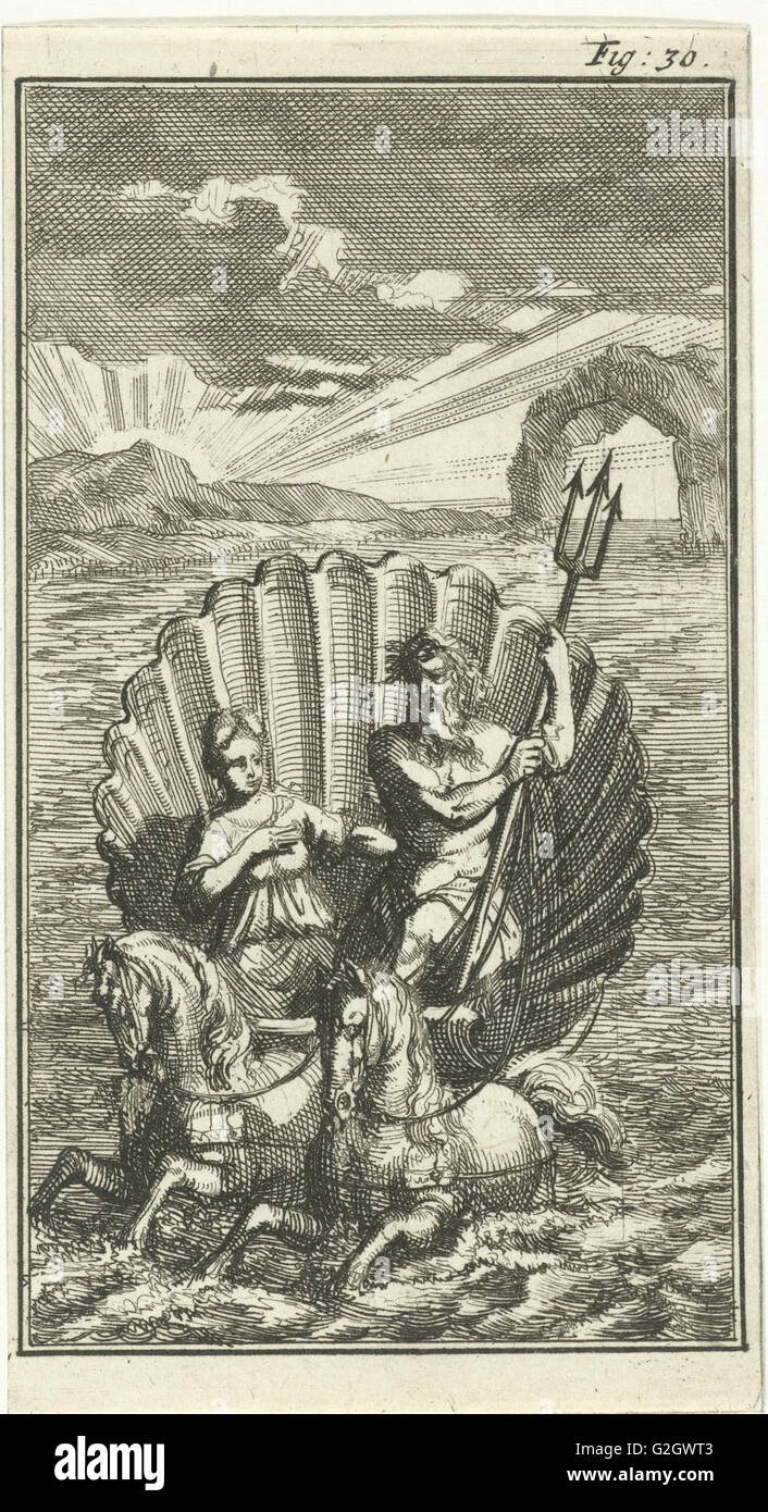 Neptun und Amphitrite auf einer Schale gezogen von Seepferdchen, Jan Luyken, Barent Beeck, 1691 Stockfoto
