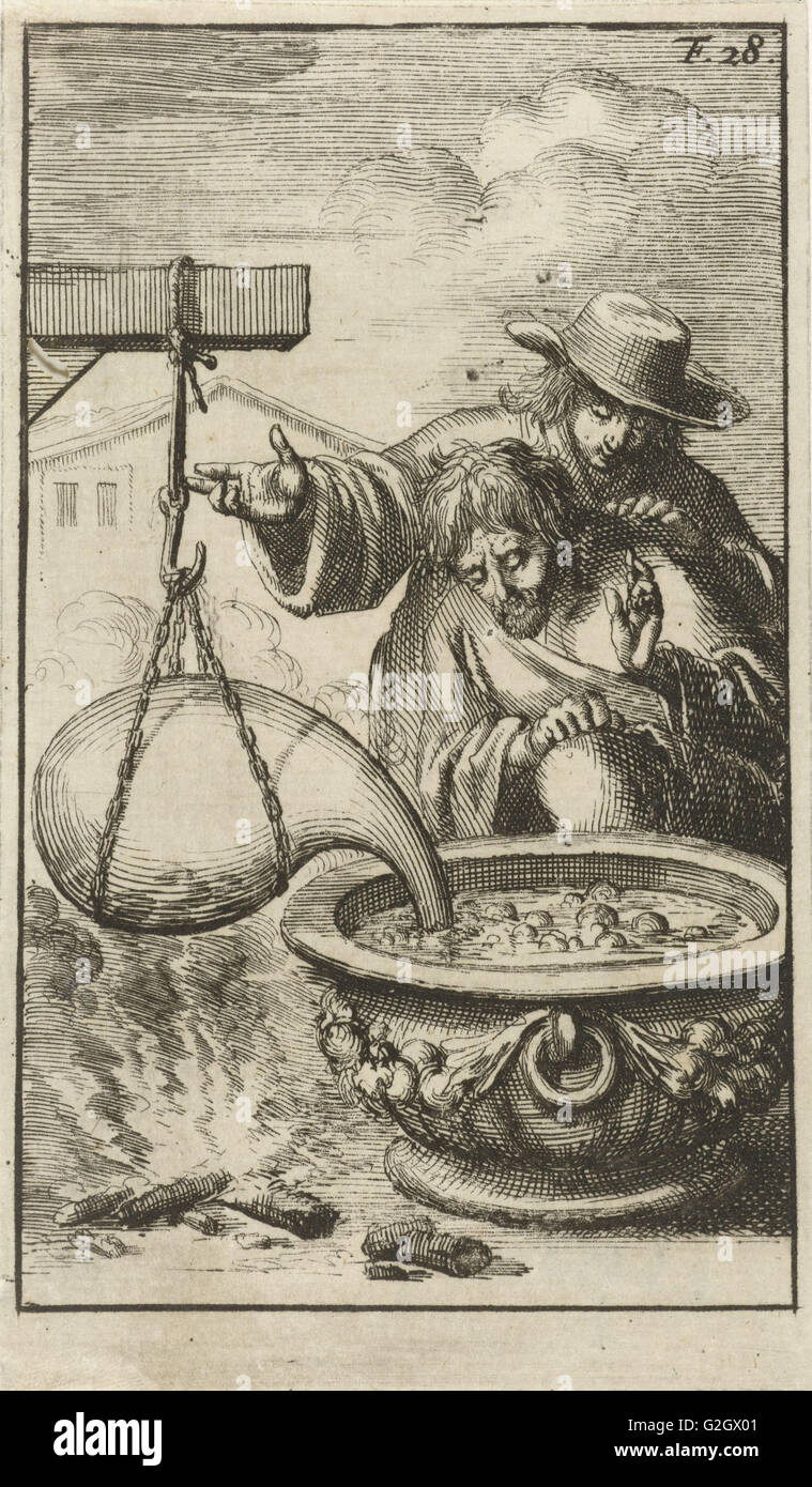 Zwei Männer aufmerksam beobachten die Bläschen verursacht durch Gase mit Wasser in einem kühlen Gefäß, Jan Luyken, Jacob Claus, 1688 Stockfoto