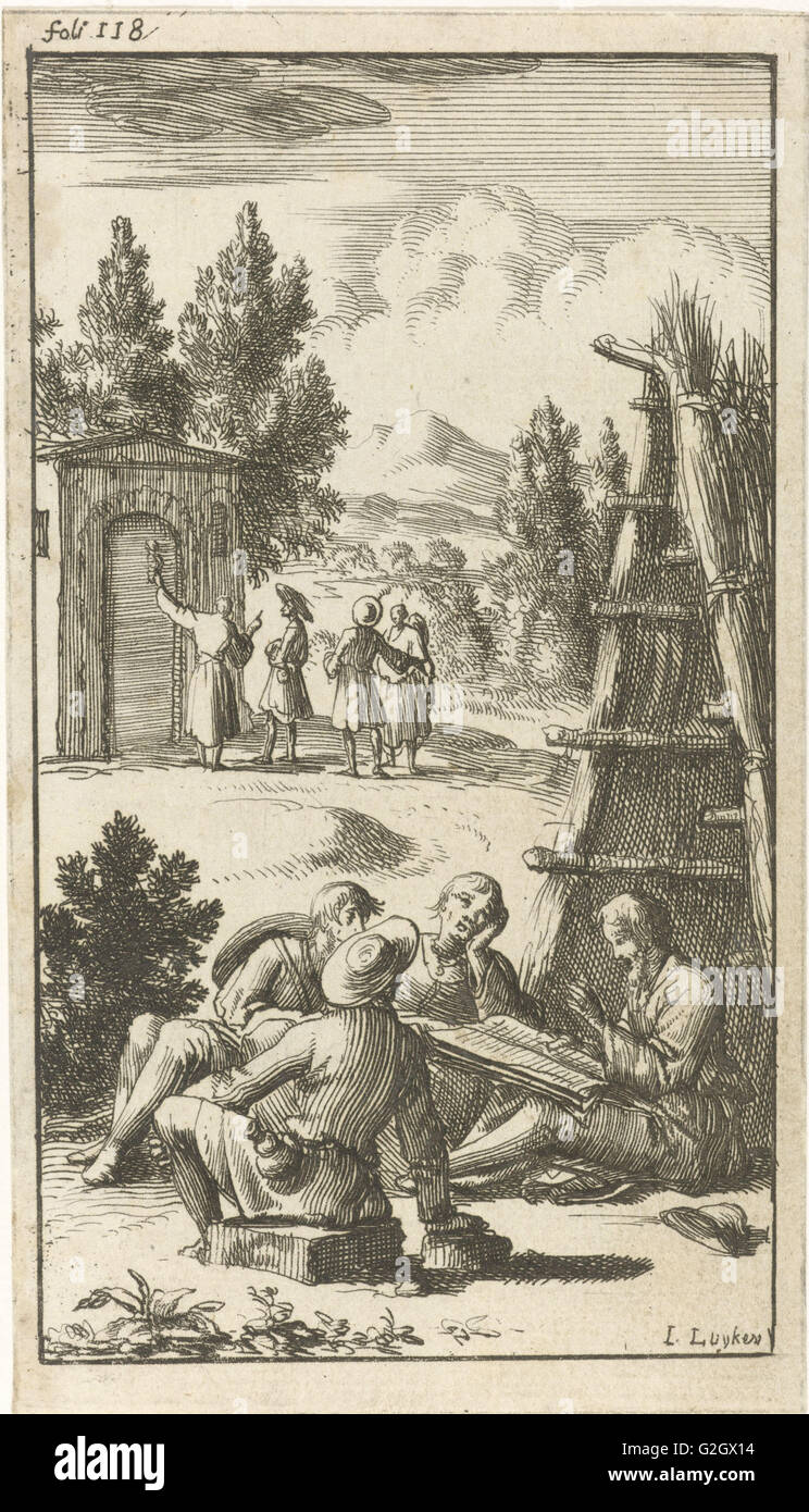 Ein Mann liest vor einer Strohhütte drei Pilger, Jan Luyken, Johannes Boekholt, 1687 Stockfoto