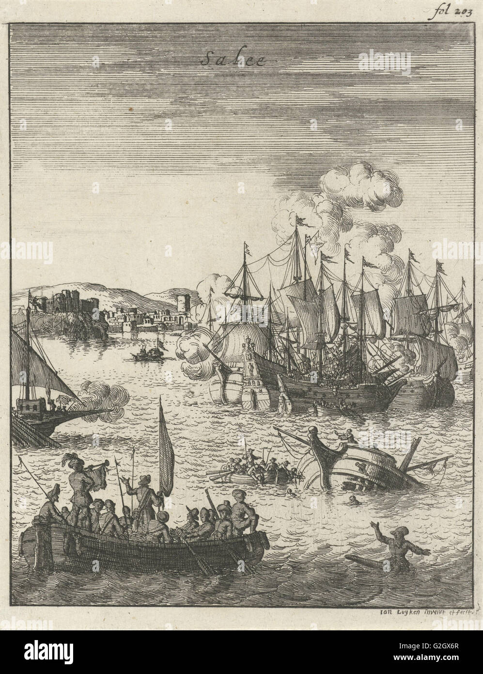 Seeschlacht vor der Küste von Salee, Marokko, Jan Luyken, 1684 Stockfoto