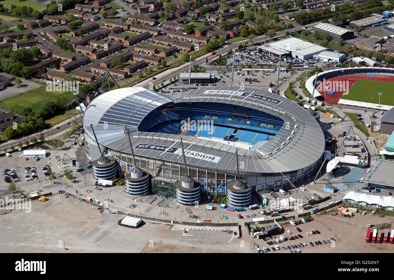 Luftaufnahme von Manchester City Football Academy, Etihad Stadium & Manchester Regional Centre, UK Stockfoto