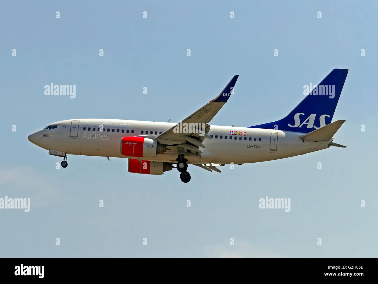 LN-TUK SAS Boeing 737 nächste Gen fotografiert am Flughafen Malpensa, Mailand, Italien Stockfoto