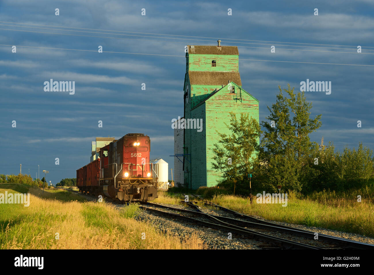 Alten Getreidesilos mit Zug an der kanadischen Prärie Sexsmith Alberta Kanada Stockfoto
