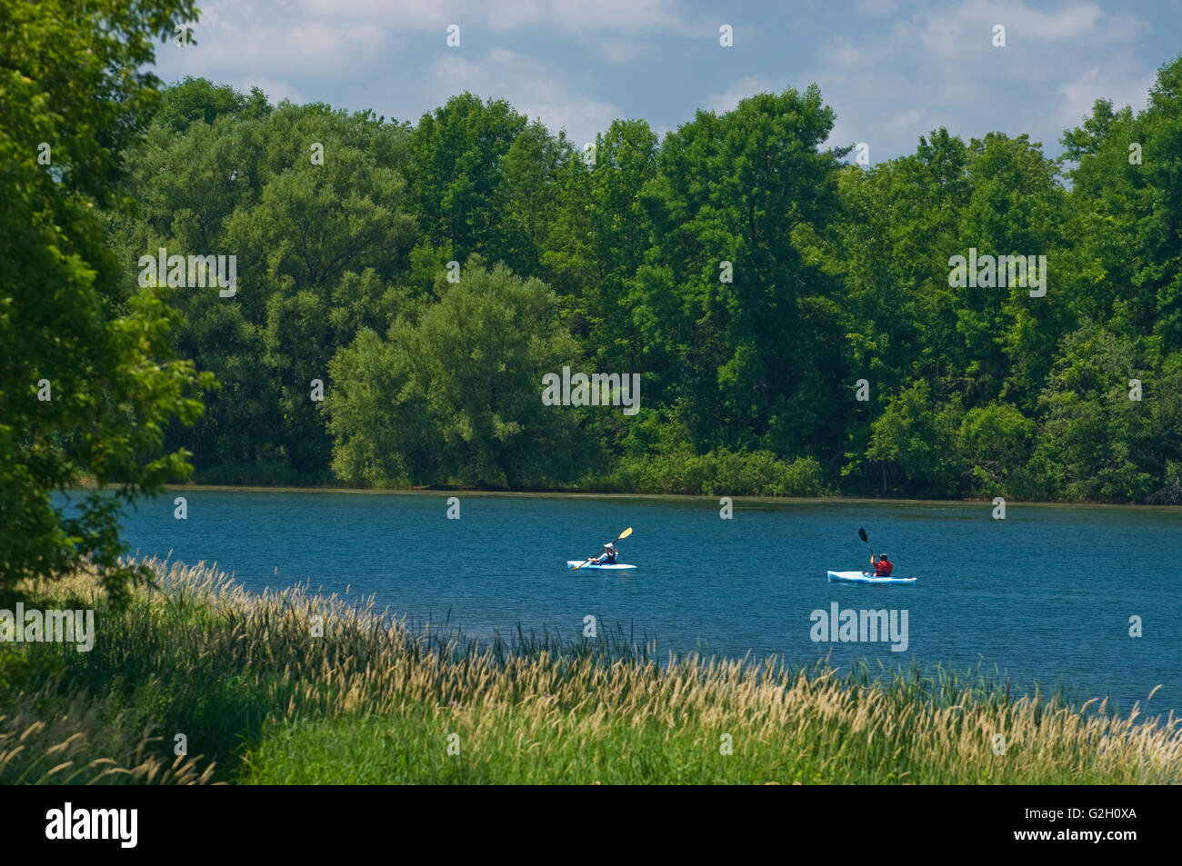 Kajak fahren auf langen Sault Parkway o St. Laurence Fluss, McLaran Insel, in der Nähe von Ingleside Ontario Kanada Stockfoto