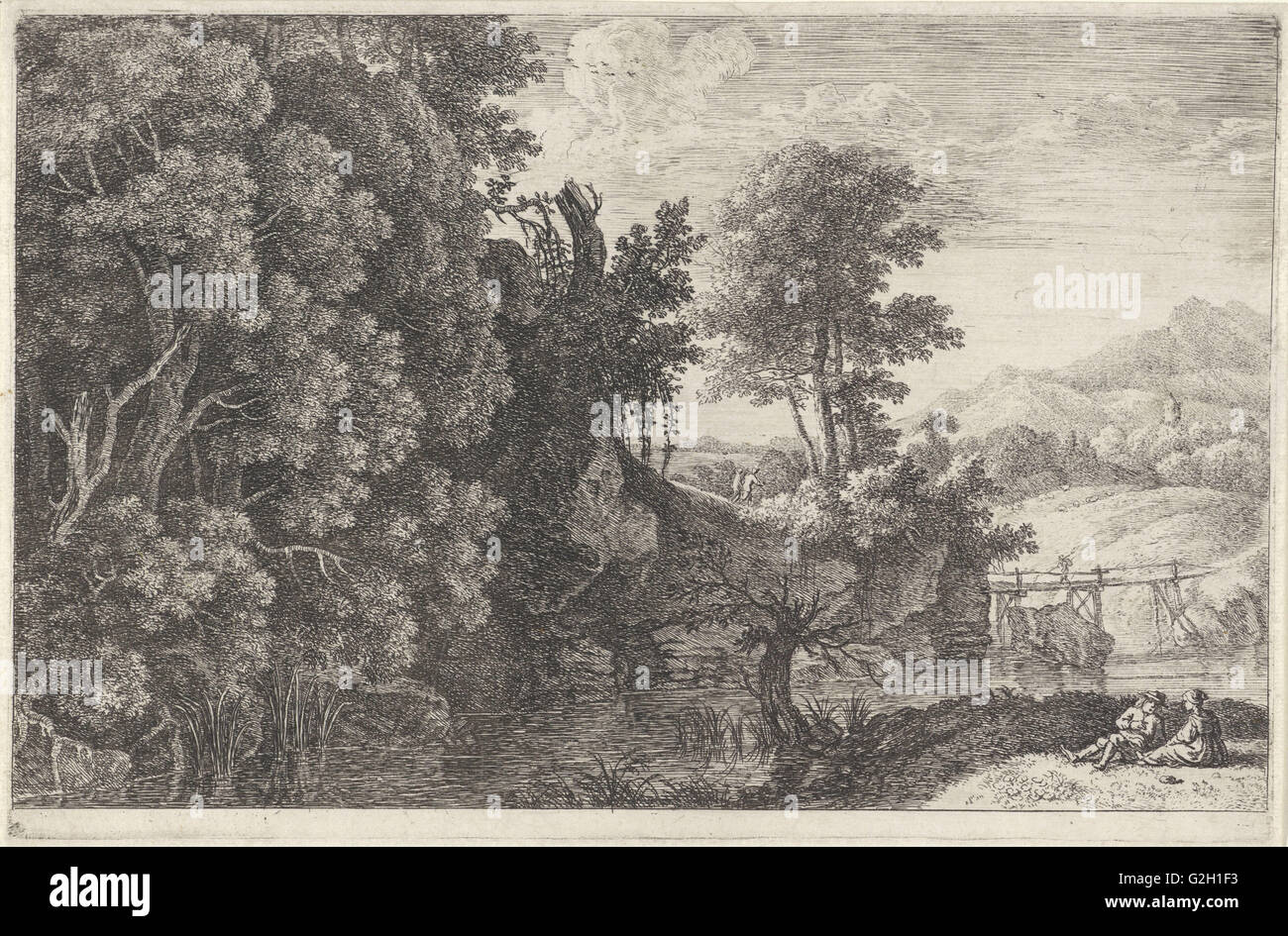 Landschaft mit einer Holzbrücke, print-Hersteller: Herman van Swanevelt, 1653-1655 Stockfoto