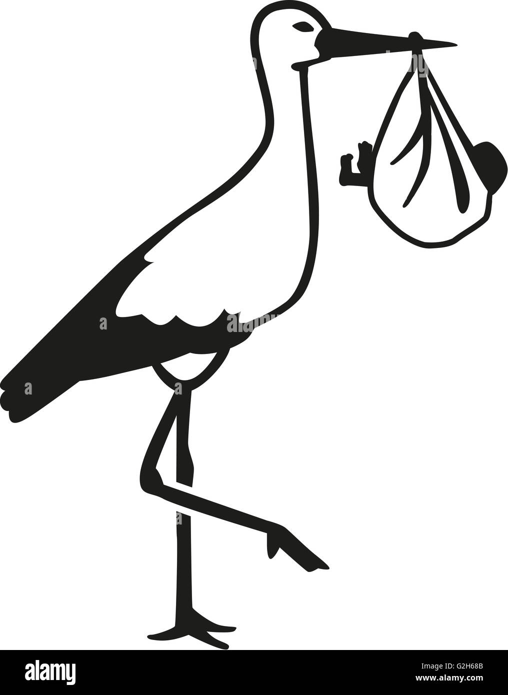 Realistische Silhouette ein Storch mit einem Baby im Schnabel Stockfoto