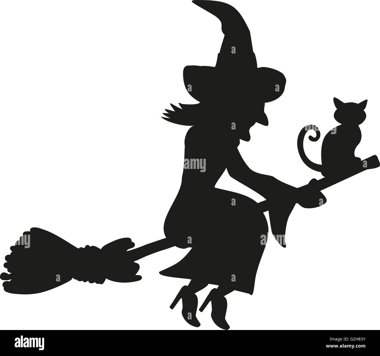 Katze und sitzen auf einem fliegenden Besen Hexe Stockfoto