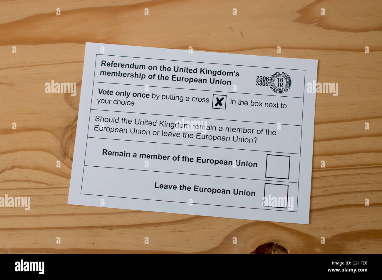 Stimmzettel für die UK 2016 Referendum über die EU-Mitgliedschaft Stockfoto