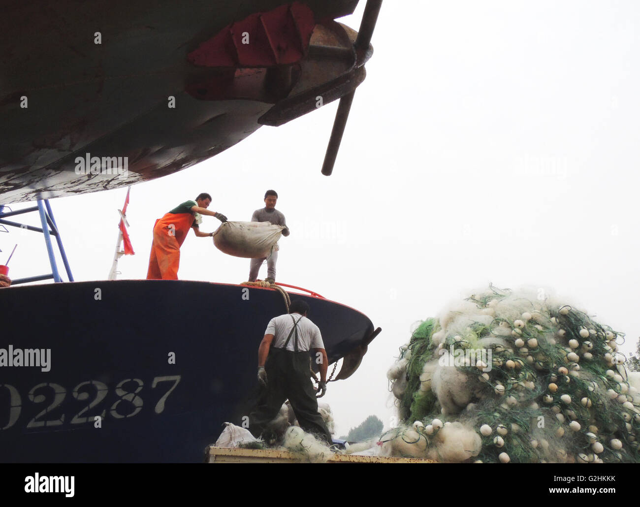 Lianyungang, China Jiangsu Provinz. 31. Mai 2016. Fischer siedeln das Fischernetz in den Hafen in Lianyungang Stadt, Ost-China Jiangsu Provinz, 31. Mai 2016. Jährliche Fangverbot startet ab 1 Juni auf Chinas gelben Meer, Bohai-Meer und das Ostchinesische Meer. © Geng Yuhe/Xinhua/Alamy Live-Nachrichten Stockfoto
