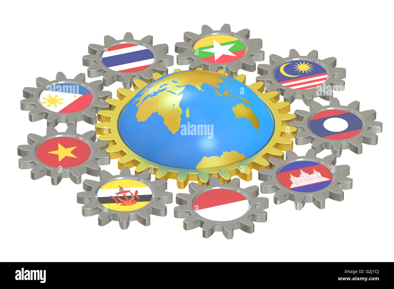 ASEAN-Konzept mit Zahnrädern, 3D-Rendering isolierten auf weißen Hintergrund Stockfoto