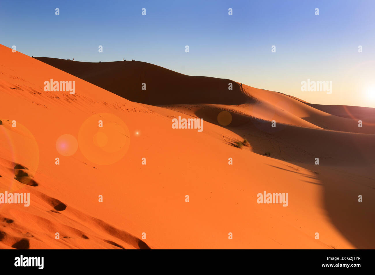 Dünen von Erg Chebbi in der Sahara-Wüste bei Sonnenuntergang, Marokko Stockfoto
