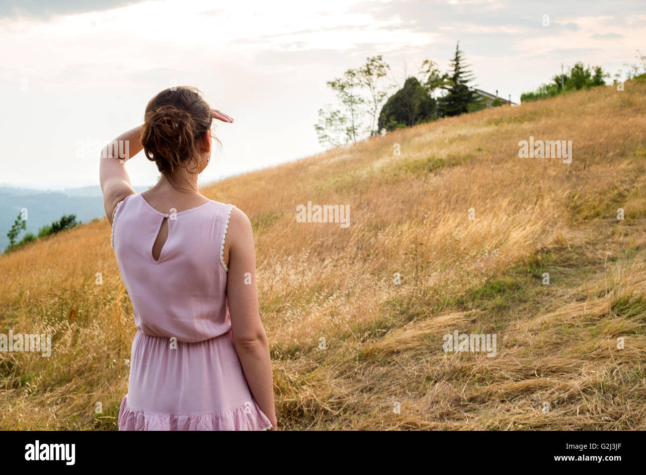 Frau in rosa Kleid Blick ab in Ferne im Feld, Ansicht von hinten Stockfoto